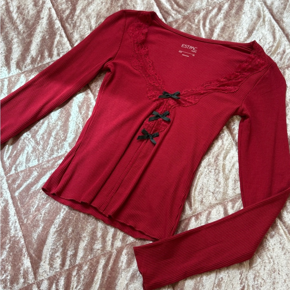 Red Long Sleeve Top with Bows
